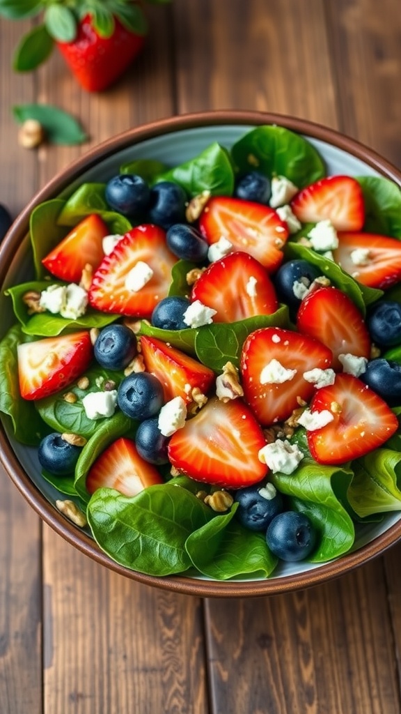 A fresh spinach salad with strawberries, blueberries, nuts, and feta cheese on a wooden table.